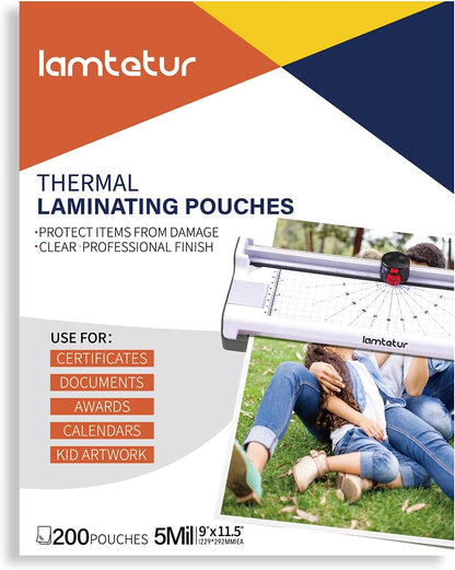 Thermal Laminating Pouches 9"x11.5" Inches, Holds 8.5 x 11 Inch Sheets,5mil 200Pack Hot Laminate Films, Clear Laminator Papers, Letter Size Lamination Sheets (125Mic 200Pcs)