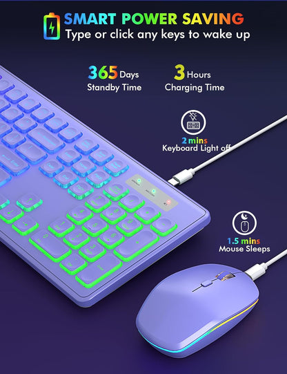 Wireless Keyboard and Mouse Combo, RGB Backlit, Rechargeable & Light Up Letters, Full-Size, Ergonomic Tilt Angle, Sleep Mode, 2.4GHz Quiet Keyboard Mouse for Mac, Windows, Laptop, PC, Trueque(Purple)