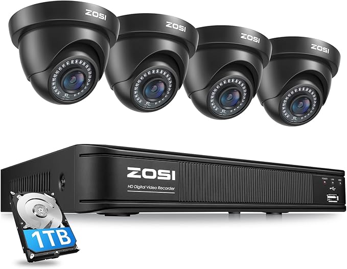 ZOSI 5MP Lite 8 Channel H.265+ Home Security Camera System, 8CH 5MP Surveillance DVR with 1TB HDD, 4 x 1920TVL(2MP) Weatherproof CCTV Dome Camera Outdoor Indoor, 80ft Night Vision, Motion Alerts