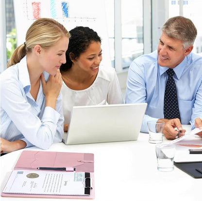 Portfolio Folder Padfolio with A4 Clipboard, PU Leather Portfolio Clipboard Business Binder Writing Clip Board Organizer for Legal Documents Business Card Men Women Pink