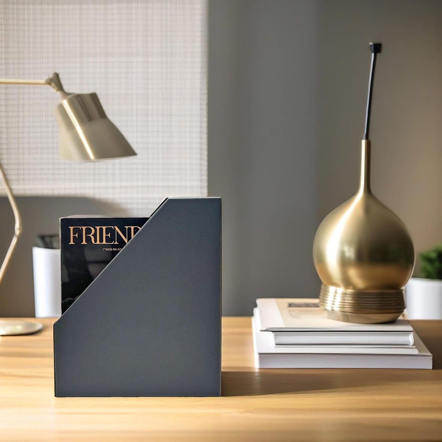 UnionBasic Magazine File Holder, Leatherette Desktop Document Organizer, Home Office Paper Holder File Storage Literature Sorter, Grey