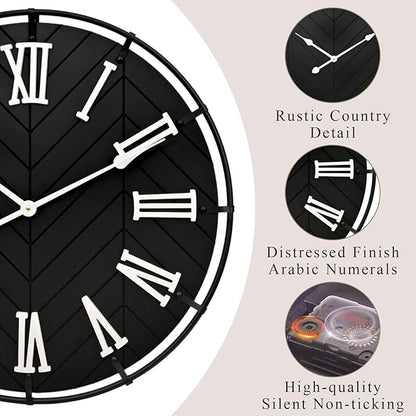 EMAX Large Wooden Wall Clock – Extra Large FarmhouseWall Clock with 3D Roman Numerals & Herringbone Splicing, Black Modern Wood Wall Clock for Living Room