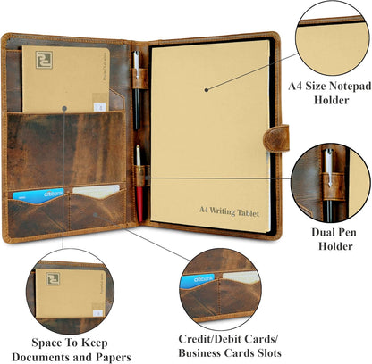 Leather Padfolio Legal Pad Portfolio Organizer | Handmade Executive Notebook Binder | Heavy Duty Full Grain Cow Hide Resume Interview Folio for Men Women, Rustic NoteBook Folder (brown)
