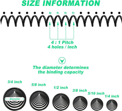 Leinuosen 120 Pack Plastic Spiral Binding Coils Kit Spirals Multi Size Coils for Binding Binder Combs Spines(1/4 5/16 3/8 1/2 5/8 3/4 Inch,Black)