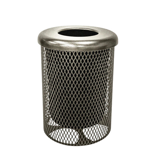 32-Gallon Heavy-Duty Expanded Metal Round Trash Receptacle, Commercial Outdoor Waste Bin with Liner & Black Flat Top Lid – Made in America (Textured Gold Vein)