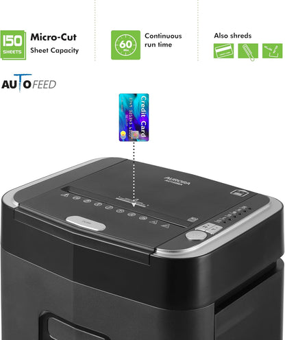 Aurora Professional Grade 150-Sheet Auto Feed Micro-Cut Paper and Credit Card Shredder with 6.3 Gallon Pullout Basket / 60 Minutes/Security Level P-4