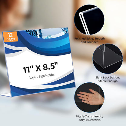 12 Pack L Shape Slanted Back 11x8.5 Plastic Sign Holders with Anti-Slip Pads, Business & Store Acrylic Tabletop Display Stand for Flyers, Menus, Documents, Price, Promotions, Wedding, Party Decoration