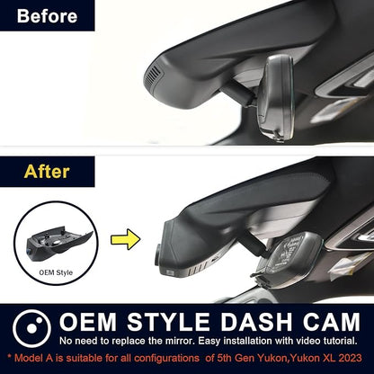 4K Dash Cam Custom fit for GMC Yukon, Yukon XL 2023 2024 2025 (Model A), SLE SLT AT4 Denali Ultimate, Integrated OEM Look, UHD 2160P Video, WiFi & App, G-Sensor, Easy to Install, 64GB Card