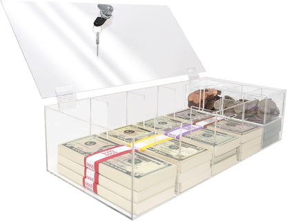 Clear Locking Currency Tray, 5 Compartment Cash Organizer Money Storage Box with Lockable Cover and Coin Tray Insert, 300 Currency Wrappers Included
