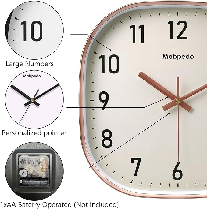Wall Clocks Battery Operated, 12 Inch Silent Wall Clock, Non Ticking Square Analog Decorative Wall Clocks for Bedroom Living Room Office Home Gym Porch Decor Indoor Outdoor Clock, Rose Gold