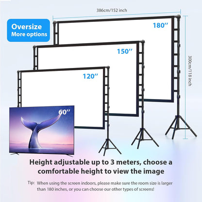 180 Inch Outdoor Projector Screen with Stand: VOOPVOR Portable Projection Screen and Stand, Indoor Rear Front Movie Screen 16:9 4K HD, with Carry Bag, Height Adjustable for Home Theater RVs Camping