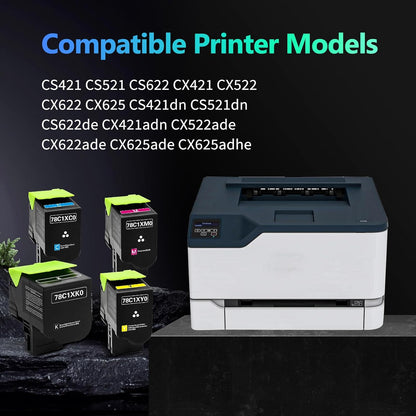78C1X CS421 CX522 CS521 Toner Cartridge Extra High Yield Compatible for Lexmark CS421 CS521 CS622 CX522 CX421 CX622 CX625 Printer with 78C1XK0 78C1XC0 78C1XM0 78C1XY0（4 Pack 78C1X Toner）