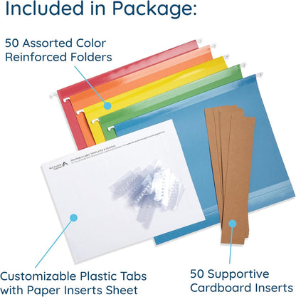 Blue Summit 50 Extra Capacity Hanging File Folders Letter Size, 2 Inch Expansion, Hanging File Folders Extra Capacity, Designed for Bulky Files, Filing Cabinets, Medical Charts, Assorted Colors