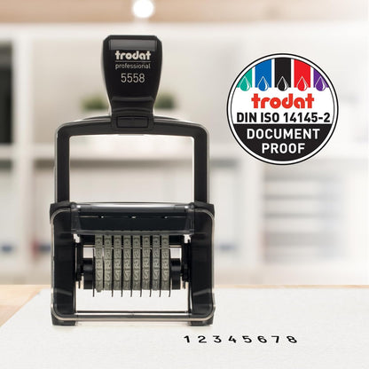 Trodat 5558 Professional Manual Numberer Stamp – 8 Digits, Self-Inking, 3/16" (5 mm) Characters, Black Ink