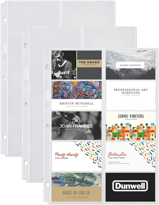 Dunwell Business Card Holder Sleeves (25 Pack for 500 Cards), Heavyweight Plastic Sheet Protect, Each Sleeve Holds 20 2x3.5 Namecards, 3-Hole Punched, Fits 3-Ring Binders