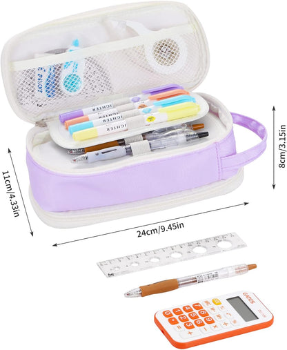 Large Pencil Case Zipper Pencil Pouch for Girls Adults Kids Aesthetic Pencil Bag Organizer Big Capacity Pen Bag with Handle Portable for School Office Purple