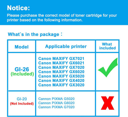LCL GI-26 GI26 Ink Bottles Replacement for Canon 26 GI26 GI-26 Ink Refill Bottles Compatible with Canon MAXIFY GX7021 GX6021 GX7020 GX6020 GX5020 GX4020 GX3020 Printer (4-Pack,KCMY)