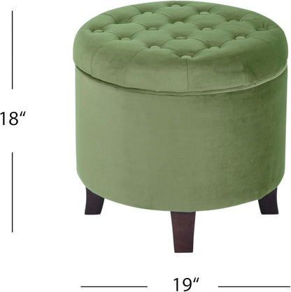 HomePop by Kinfine Fabric Upholstered Round Storage Ottoman - Velvet Button Tufted Ottoman with Removable Lid, Dark Green Small