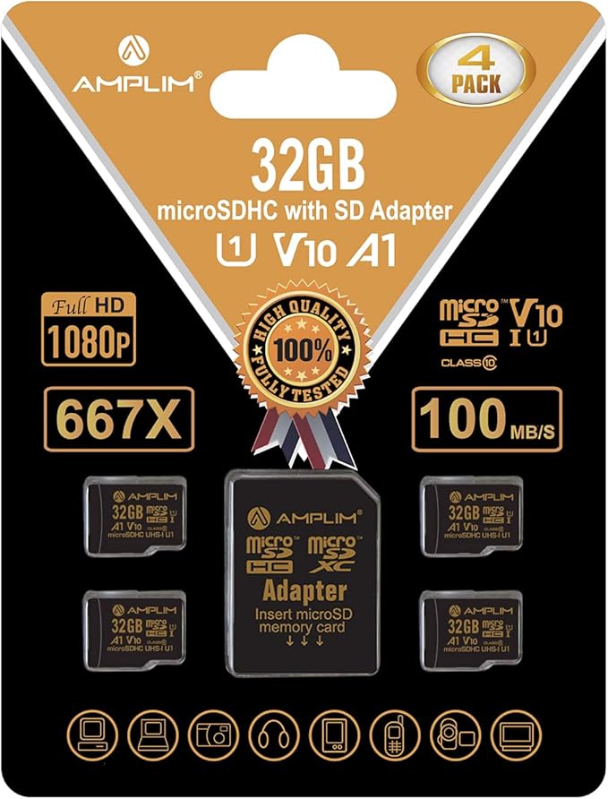 Amplim 32GB Micro SD Card, 4 Pack MicroSD Memory Plus Adapter, MicroSDHC Class 10 UHS-I U1 V10 TF Extreme High Speed Switch, Raspberry Pi, Phone Galaxy, Camera Cam, Tablet, PC