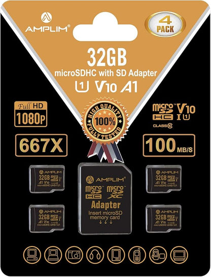 Amplim 32GB Micro SD Card, 4 Pack MicroSD Memory Plus Adapter, MicroSDHC Class 10 UHS-I U1 V10 TF Extreme High Speed Switch, Raspberry Pi, Phone Galaxy, Camera Cam, Tablet, PC