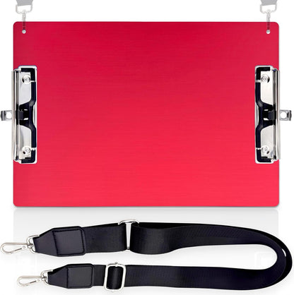 Aluminum Metal Clipboard with Detachable Adjustable Shoulder Strap A4 Double Clip Board Stainless Hangable w/Pen Holder Letter 9" x 12.6" for School Office Business Factory (Red-with Strap, A4)