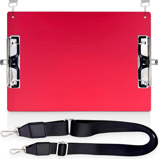 Aluminum Metal Clipboard with Detachable Adjustable Shoulder Strap A4 Double Clip Board Stainless Hangable w/Pen Holder Letter 9" x 12.6" for School Office Business Factory (Red-with Strap, A4)
