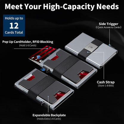 Slim Aluminum Card Holder Wallet for Men, Durable Expandable Backplate, RFID Blocking Minimalist Metal Pop Up Wallet, Holds 12 Cards Plus Cash (Grey)