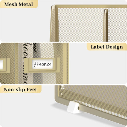 SUPEASY Desk Organizers Metal Desk Magazine File Holder with 5 Vertical Compartments Rack File Organizer for Office Desktop, Home Workspace, Golden Yellow