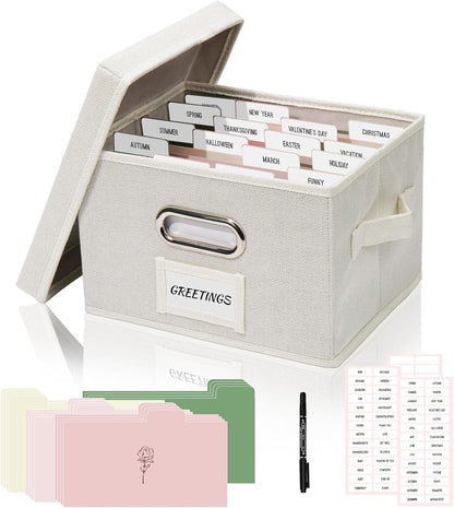 Greeting Card Storage Box, Linen Storage Box with 16 Adjustable Dividers, 84 Labels, 1 Marker Pen, Perfect for Organizing Greeting Cards, Envelopes, Photos 1 Pack Ivory