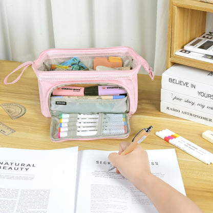 MAMUNU Pencil Case Pouch Large Capacity with Compartments, Pencil Case Pouch Bag with Zipper Handle for Teen Girls Adults Women, Portable Pen Bag Stationery Organizer for Office School Travel, Pink