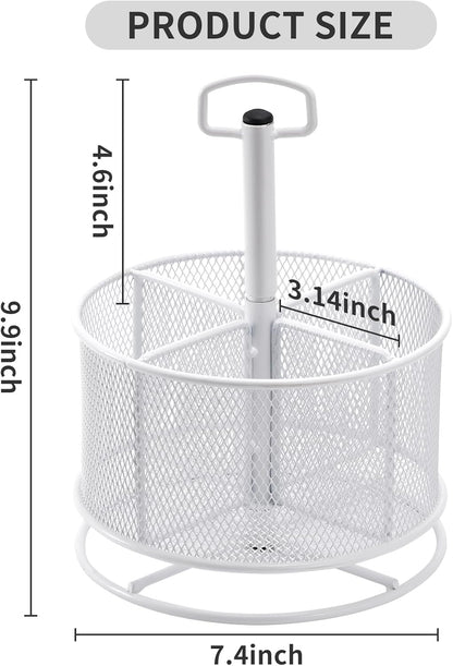 Marbrasse Mesh Desk Organizer, 360-Degree Rotating Multi-Functional Pen Holder, 4 Compartments Desktop Stationary Organizer, Home Office Art Supply Storage Box Caddy (White)