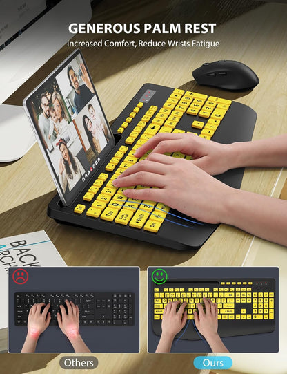 Wireless Keyboard and Mouse Combo - Large Print Ergonomic Keyboard with Wrist Rest, Phone Holder, Sleep Mode, Silent 2.4GHz Keyboard Mouse Set for Computer, Laptop, PC, Mac, Windows - Trueque