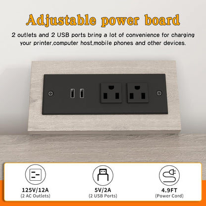 Large Printer Stand with Power Outlet, with Height Adjustable Storage Shelf, 3 Tier Rolling Printer Cart with Industrial Wheels, 23.6 x 23.6 Inches Printer Table for Home Office, Greige