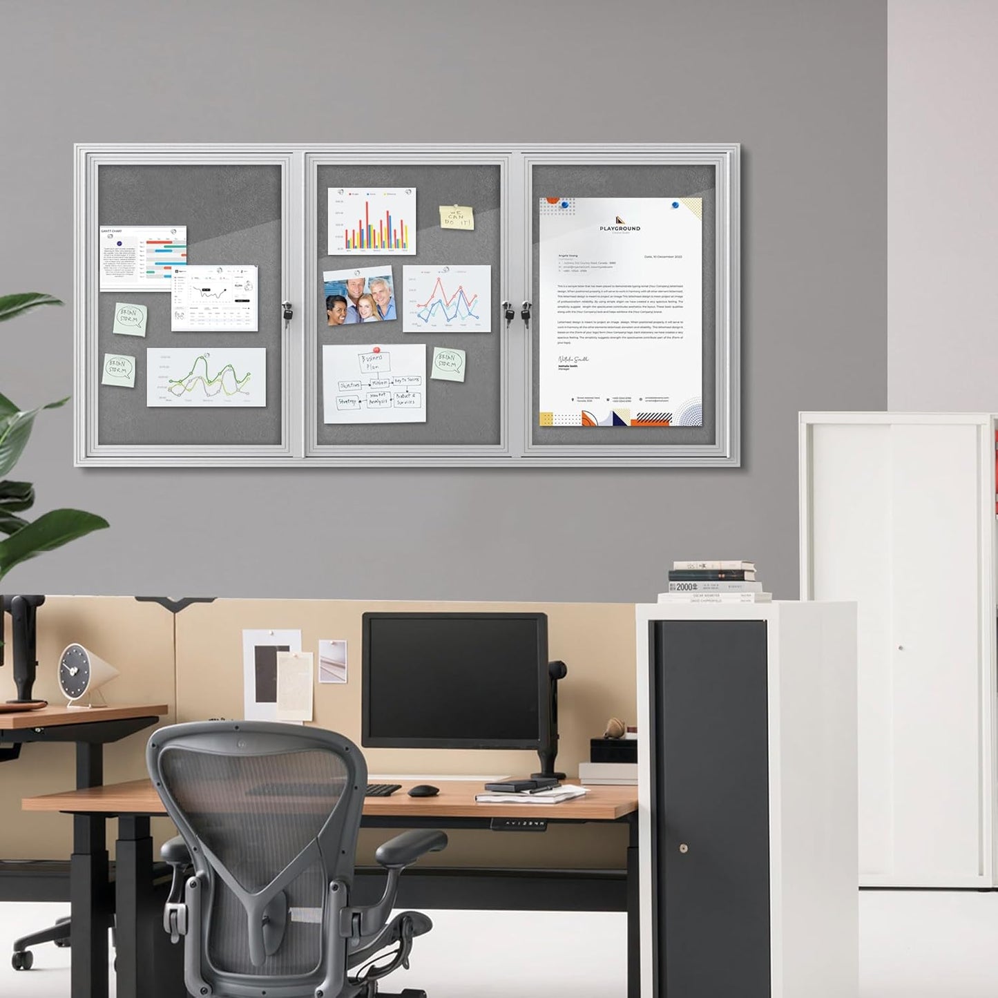 70"x34" Enclosed Bulletin Board, Outdoor Lockable Weather-Resistant Aluminum Cork Noticeboard for School & Office, Silver Frame w/Grey Flet