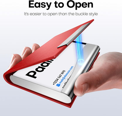 Padike Business Card Holder, Red Faux Leather Wallet with Stainless Steel, RFID Protected