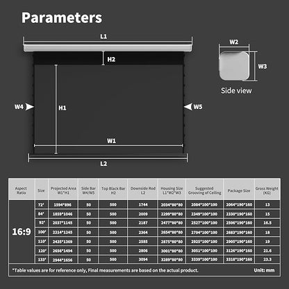 QuadraArc Motorized Drop Down Projector Screen 16:9 Gray Fabric, Wall & Ceiling Mount, Electric Pull Down Screen with Remote Control, Compatible with All Projectors 120"