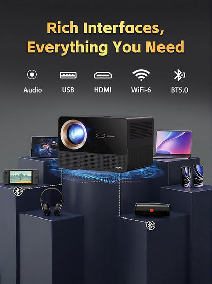 2200 ANSI Smart Projector with 1080P Native Office Video Projector, Indoor Movie Projector with 4K Support, Auto Focus,Home Theater Movie Projector with WiFi 6 & Bluetooth