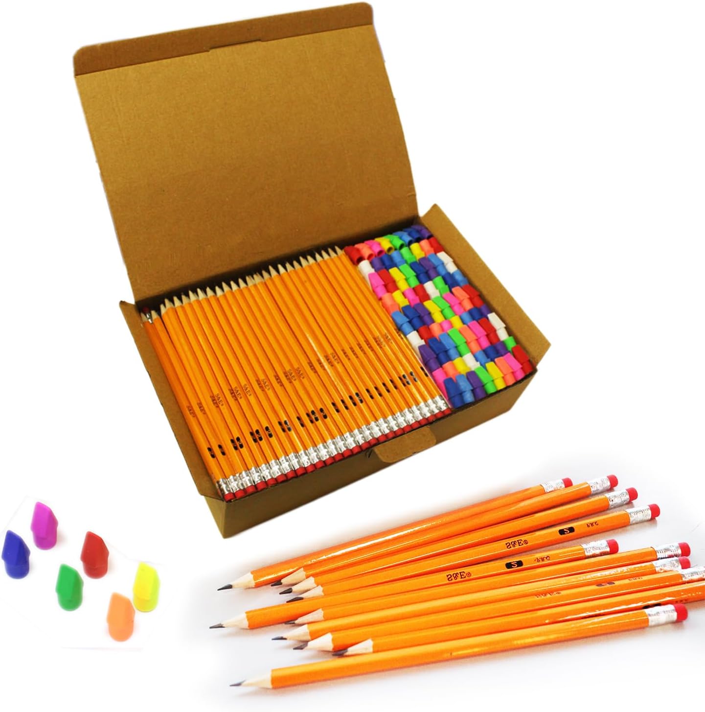 S & E TEACHER'S EDITION 432Pcs Pencils & Erasers Tops Set, 288 Pcs Pre-sharpened pencils No. 2, with 144Pcs Eraser Caps, #2 HB pencil sharpened, Back to school, 432Pcs/box.