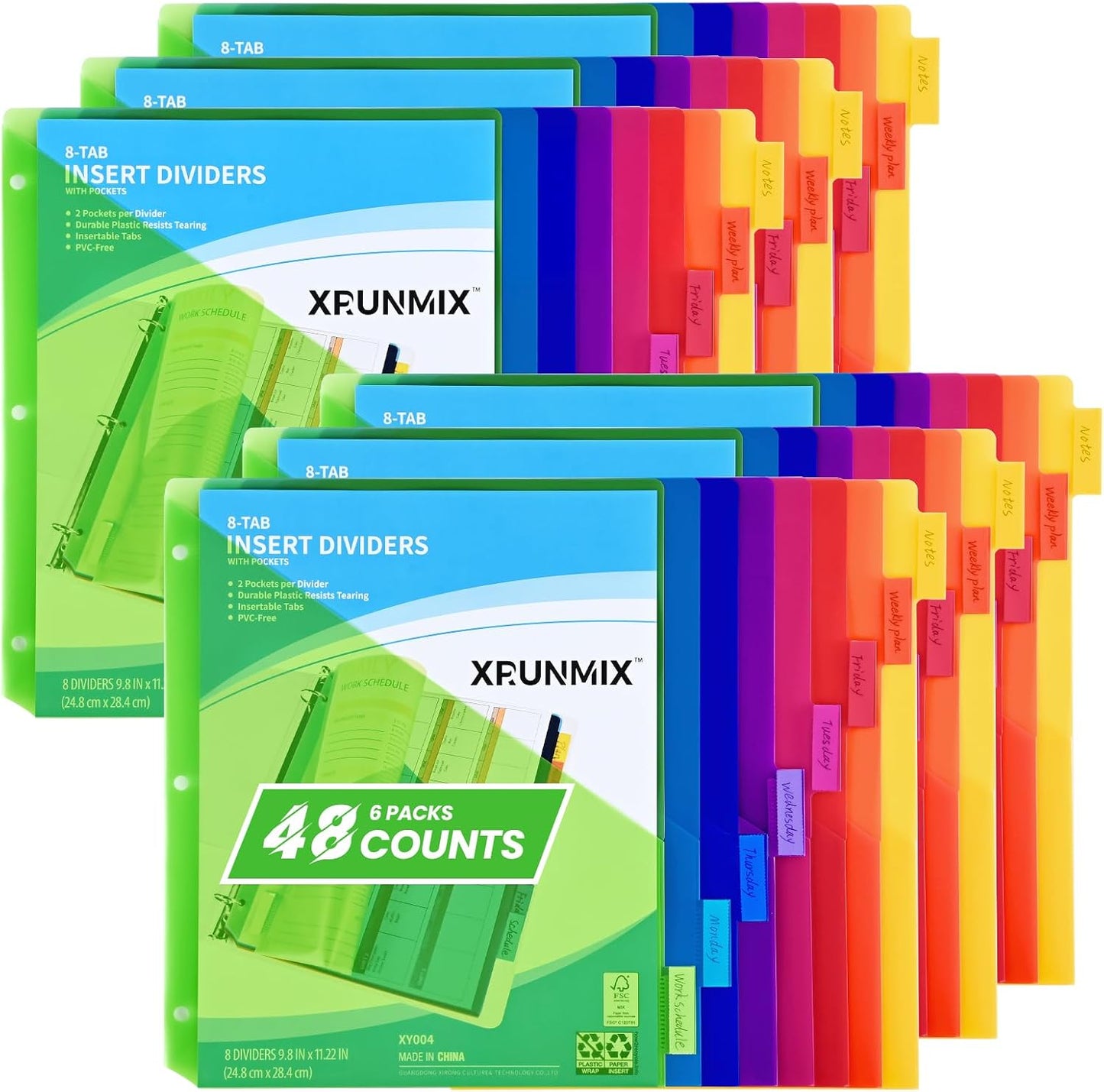 8-Tab Binder Dividers - Index Pockets Divider for 3 Ring Binders, 3-Hole Plastics Sheets Protectors for US Letter Size in 0.5'', 1'', 2'', 3 inch Binders, 8 Colors (XY004) (6 Packs)