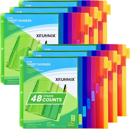 8-Tab Binder Dividers - Index Pockets Divider for 3 Ring Binders, 3-Hole Plastics Sheets Protectors for US Letter Size in 0.5'', 1'', 2'', 3 inch Binders, 8 Colors (XY004) (6 Packs)