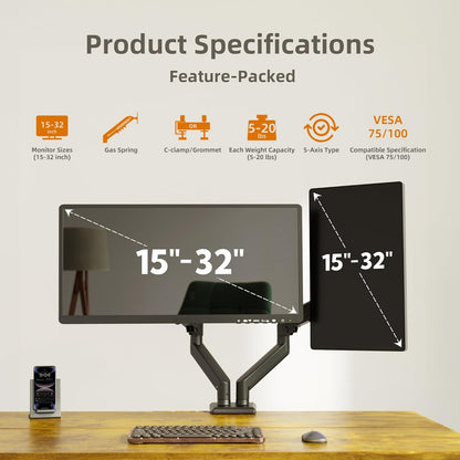 Claiks Dual Monitor Mount for 15-32 Screens, Ergonomic Gas Spring Monitor Arm for, Adjustable Computer Monitor Stand up to 40 lbs, with Clamp and Grommet Base, VESA Mounting Holes 75&100mm, Black