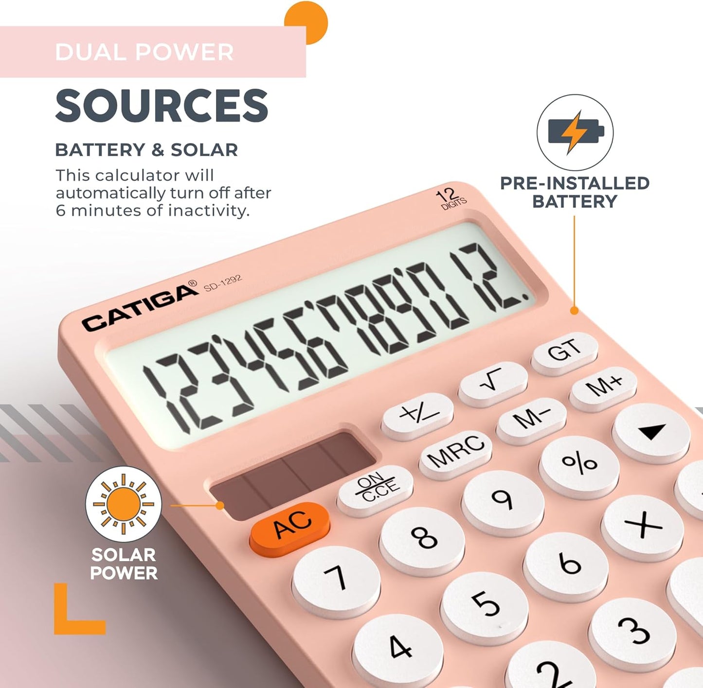 CATIGA 12 Digit Desktop Calculator Basic Desk Calculator with Large LCD Display, Big Buttons, 4 Function, Solar and Battery Dual Power, for Office, School, Home, SD-1292 Pink