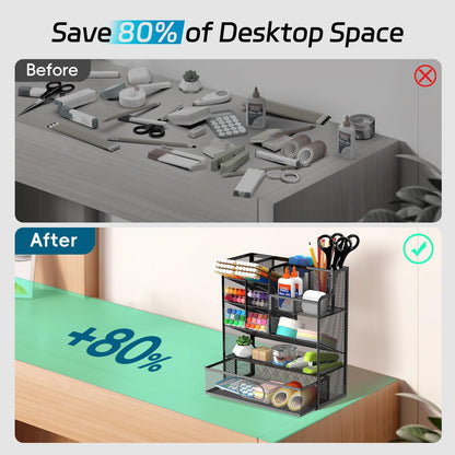 Mesh Pen Organizer for Desk, Multi-Functional Pencil Holder with Drawer Desk Organizers, Large Capacity Storage for School Office Home Supplies (Black)