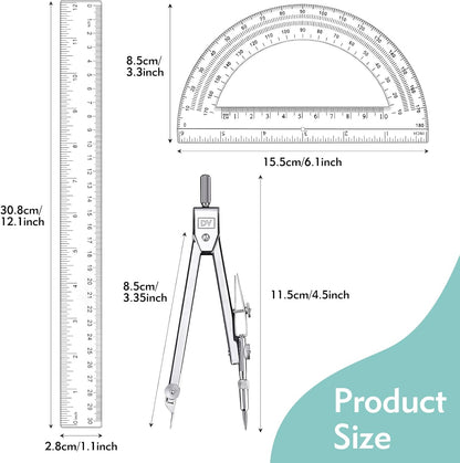 3 Pcs Plastic 12 Inch Ruler, Clear Protractor and Compasses Set for Student Geometry, Durable Transparent Drawing Measuring Rulers for School Office