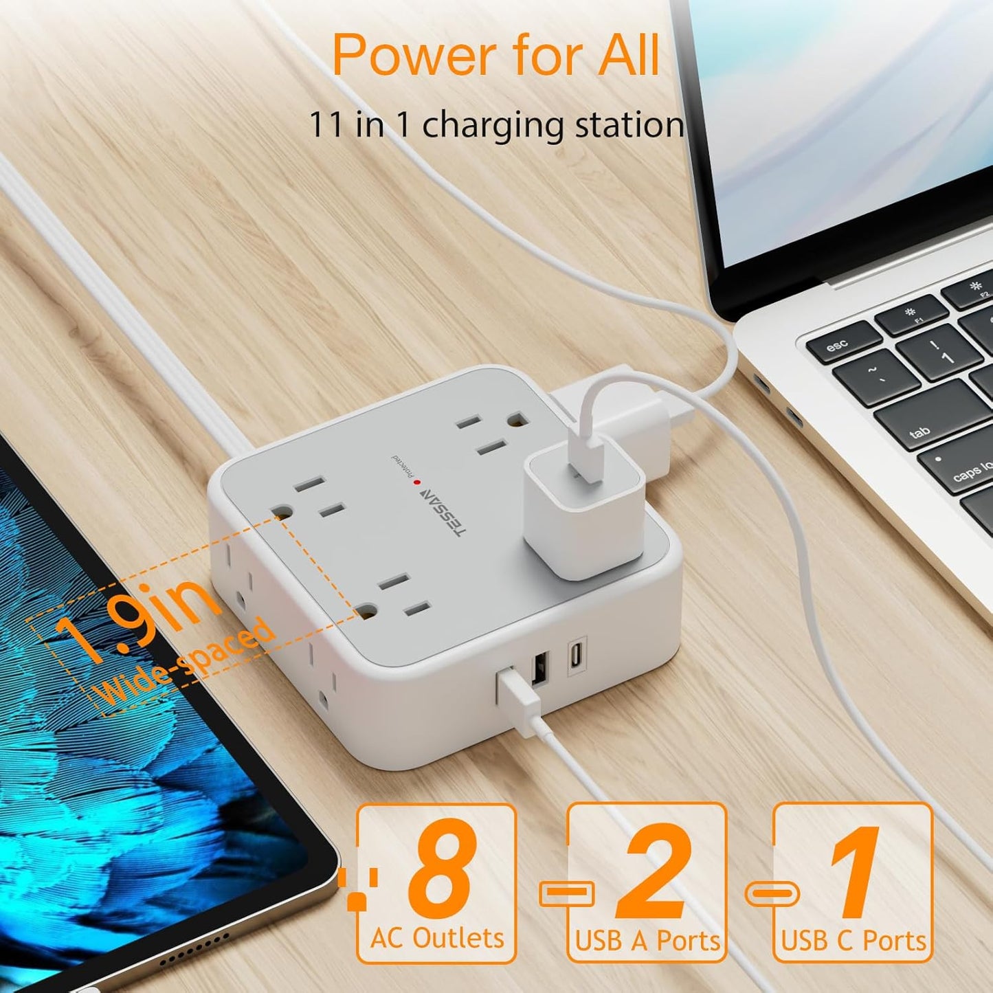 Flat Plug 20 FT Long Extension Cord, TESSAN Ultra Thin Power Strip Surge Protector with 8 AC Outlets, 900J, 3 USB Charger(1 USB C), Multi Port Charging Station for Home, Office, Dorm Room Essentials