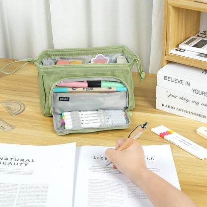 Pencil Case Pouch Large Capacity with Compartments, Pencil Case Pouch Bag with Zipper Handle for Teen Girls Boys Adults Women Men, Portable Pen Bag Stationery Organizer for Office School Travel, Green