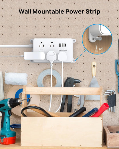 TROND Surge Protector Power Strip 15ft Extension Cord, ETL Listed, 5 Widely Spaced AC Outlets, 2 USB A and 1 USB C, 1300J, Flat Plug Power Strip, Wall Mountable, for Home Office, White