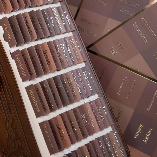 UPAFEXXI-Laminated Bible Tabs for Women and Men (Gold Foil Embossed Lettering) Reposition Large Print tabs, Easy to Read and Apply, 80 Bible Chapters Labels for Easy Navigation(Brown)