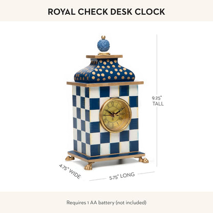 MACKENZIE-CHILDS Desk Clock, Decorative Wood Clock for Kitchen and Living Room, Blue-and-White Royal Check