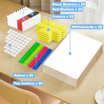 25 Pack Dry Erase Boards 9'' x 12'' Mini Double-Sided Whiteboards Safe Rounded Edges, Includes 25 Erasers, Markers, Rulers & 50 Clips, Perfect for Students, Teachers, School & Office Use